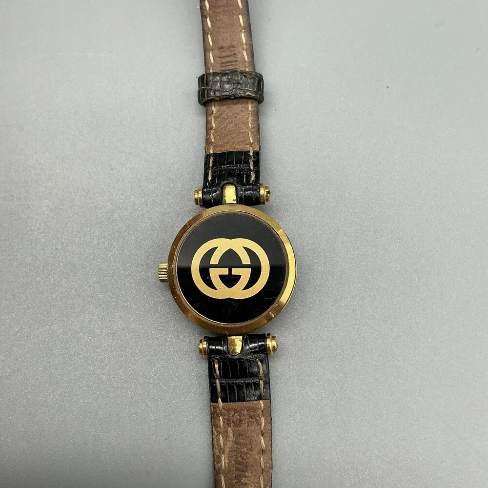 Vintage Gucci Womens Watch 22mm Black Dial Gold Tone Leather Swiss New Battery